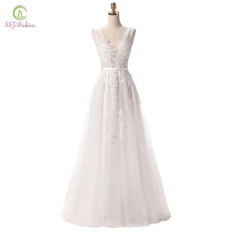 SSYFashion Hot Sell Sweet Light Blue Lace V-neck Lacing Long Evening Dress The Bride Party Sexy Backless Prom Dresses Custom dinner gown