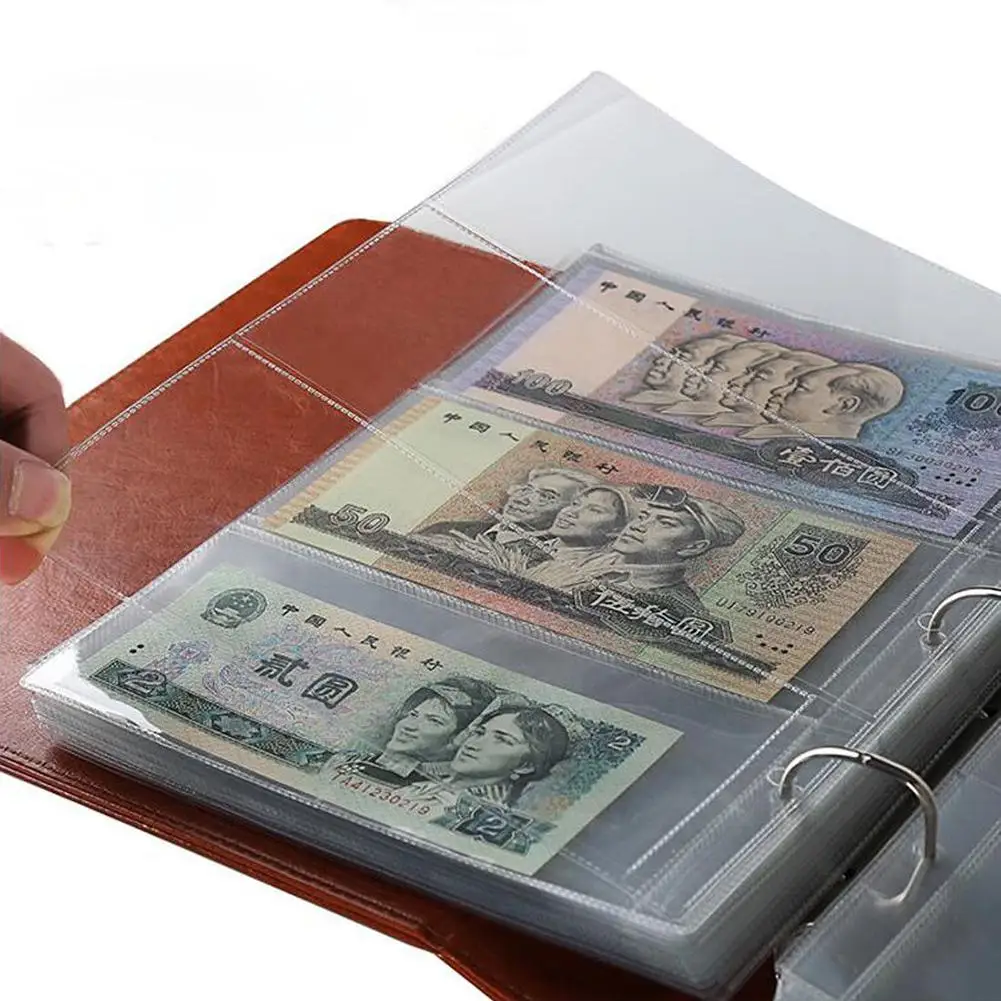 

hot!10Pcs Money Banknote Paper Money Album Page Collecting Holder Sleeves 3-slot Loose Leaf Sheet Money Album Protection