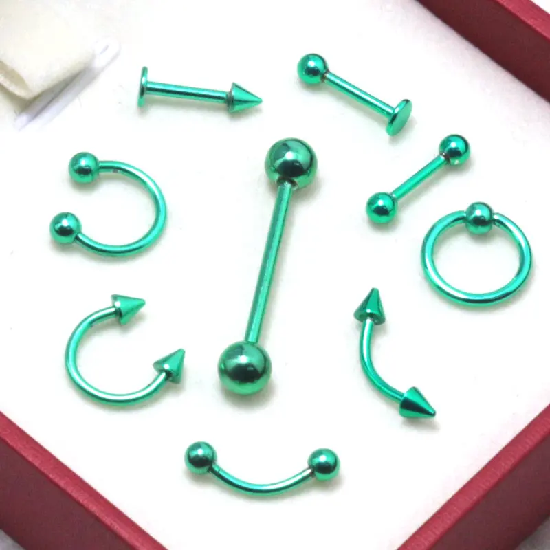 

9pcs green Anodized Stainless Steel Body Jewelry Straight Barbell Tongue Piercing Tragus Nipple Eyebrow Labret Lip Captive Rings