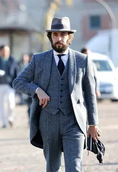 Skup Najnowszy Garnitur Fasony Spodni Szary Tweedowy Garnitur Mężczyzn Formalna Długa, Obcisła Zimowa Marynarka Prom Delikatna Kurtka Niestandardowy Styl Smoking 3 Sztuka Fe