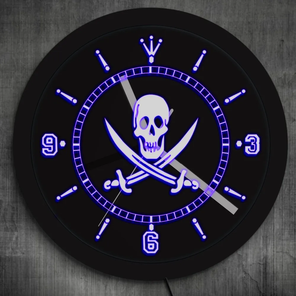 Jolly Roger Pirate Led Neon Sign Wall Clock With Led Illumination Skull