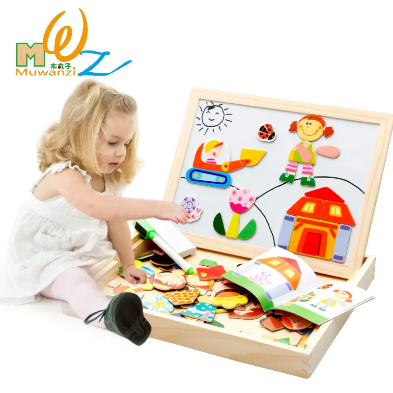 

MWZ Wooden Toys Easel Kids Farm Cartoon Magnetic Drawing Board Puzzle Painting Blackboard Learning & Education Toys For Kids