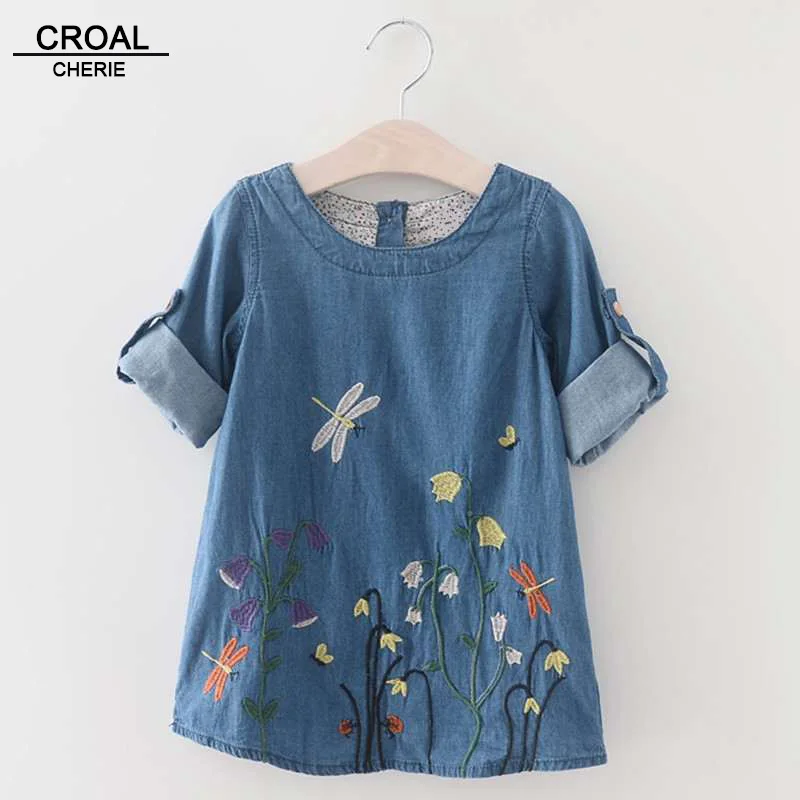 100-140 см платье для девочек платье с вышивкой стрекозы детское летнее джинсовое Повседневное платье с длинными рукавами для девочек детская одежда с цветочным рисунком