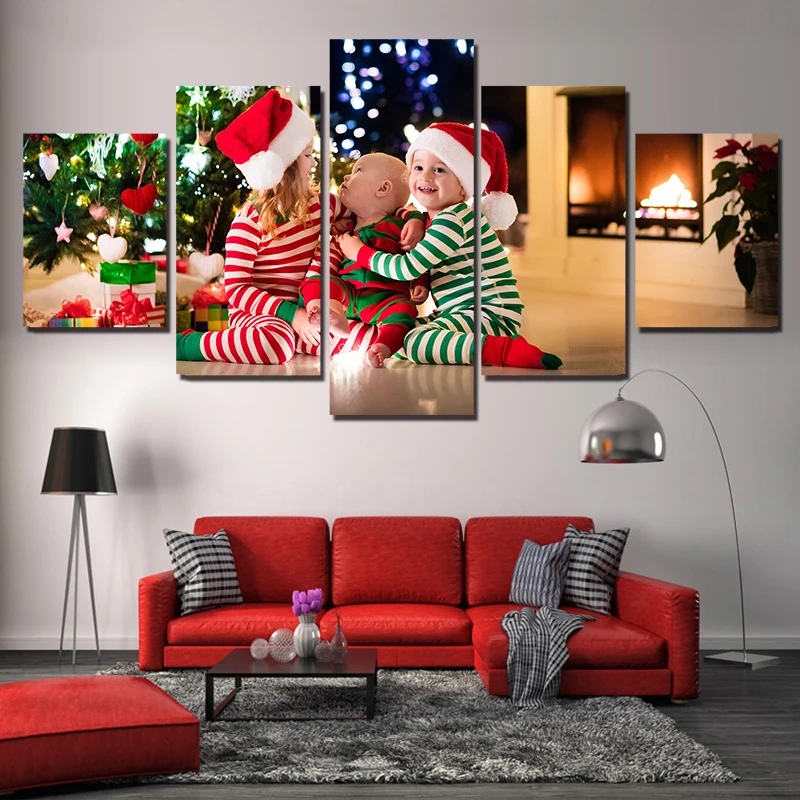 Holidays-Christmas-Three-Kid-Canvas-Wall-Art-Frame-Painting-For-Living-Room-5-Panel-Poster-And (3)