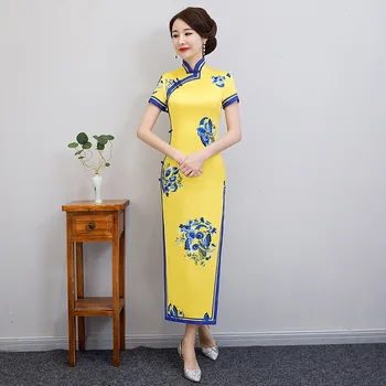 

2019 Long Cheongsam Vintage Chinese style Mandarin Collar Dress Womens Summer Rayon Qipao Slim Party Dresses Vestido S-XXXL