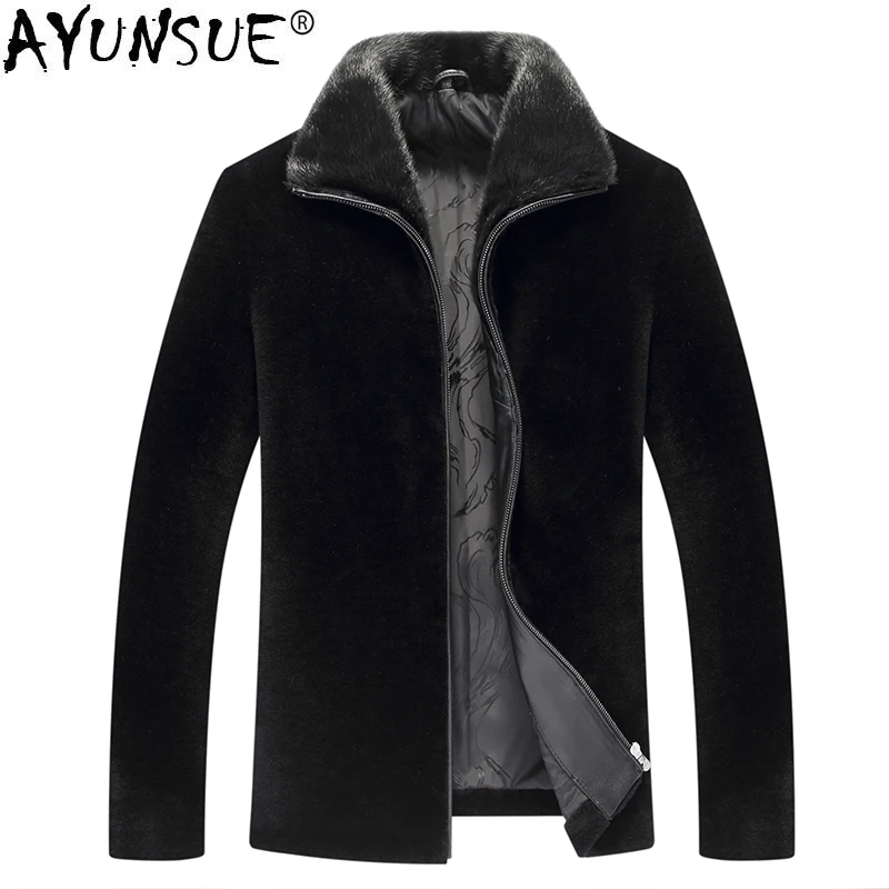 

AYUNSUE Real Fur Coat Men Jacket Winter Sheep Shearing Thick Wool Coat Mink Fur Collar Short Men's Jackets Leather xxxxl KJ818