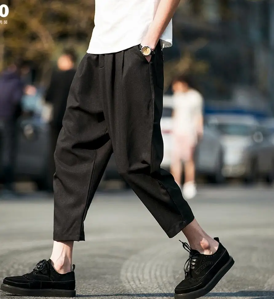 28-42! мужская одежда тонкие льняные брюки длиной до щиколотки плюс размер свободные повседневные штаны шаровары летние костюмы певицы - Цвет: Черный