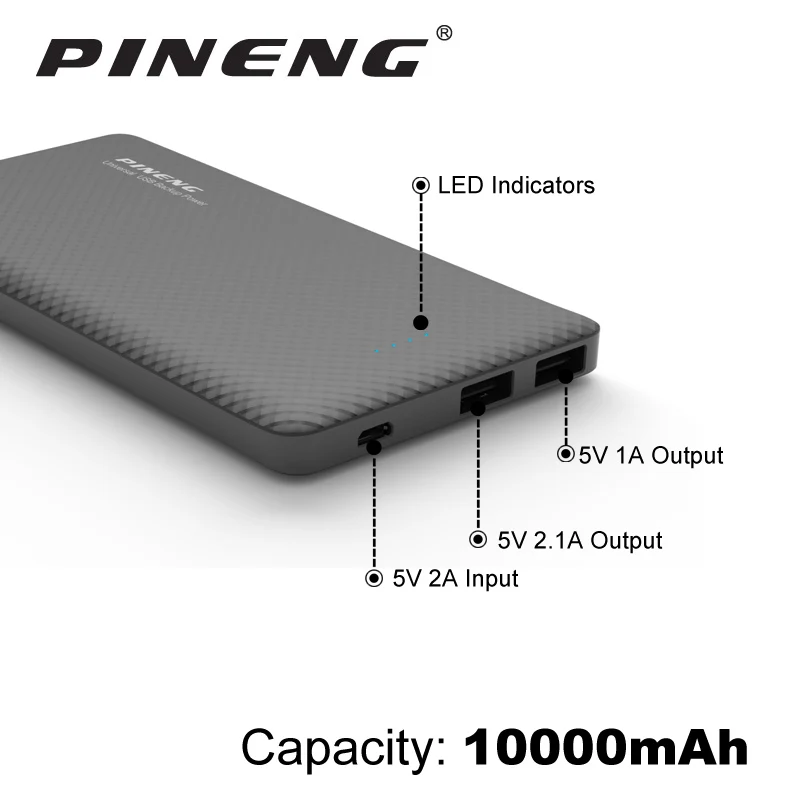 Pineng 10000 мАч Мощность банк PN-958 Портативный встряхнуть запускать внешний Батарея литий-полимерный Мобильный телефон Dual USB зарядное устройство для Xiaomi samsung Phone8