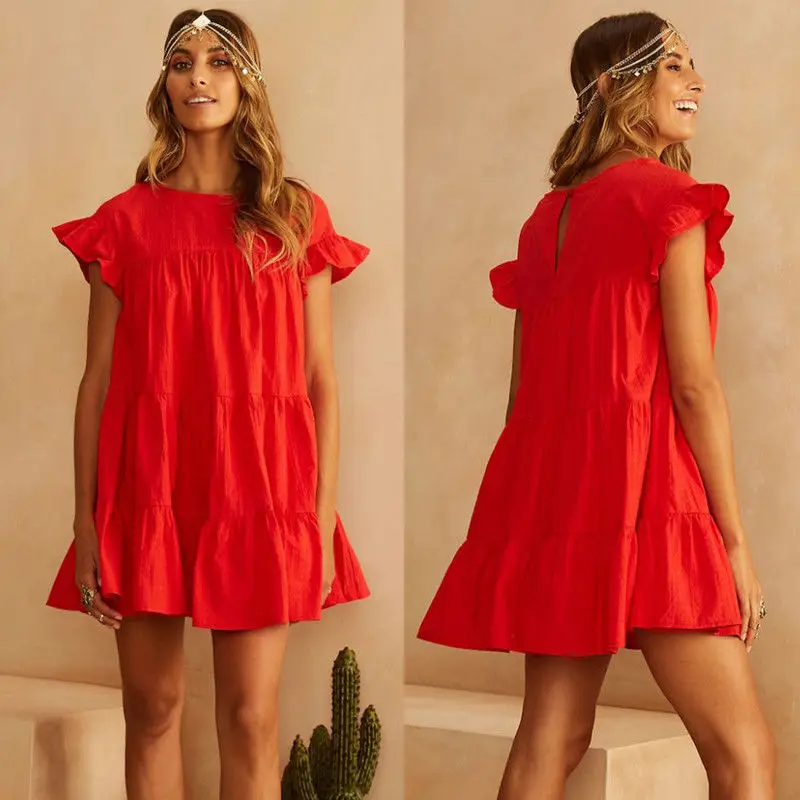 Новинка, модные женские праздничные Платья с цветочным рисунком, женское летнее пляжное мини-платье с коротким рукавом и вырезом лодочкой, размеры s-xl - Цвет: Красный