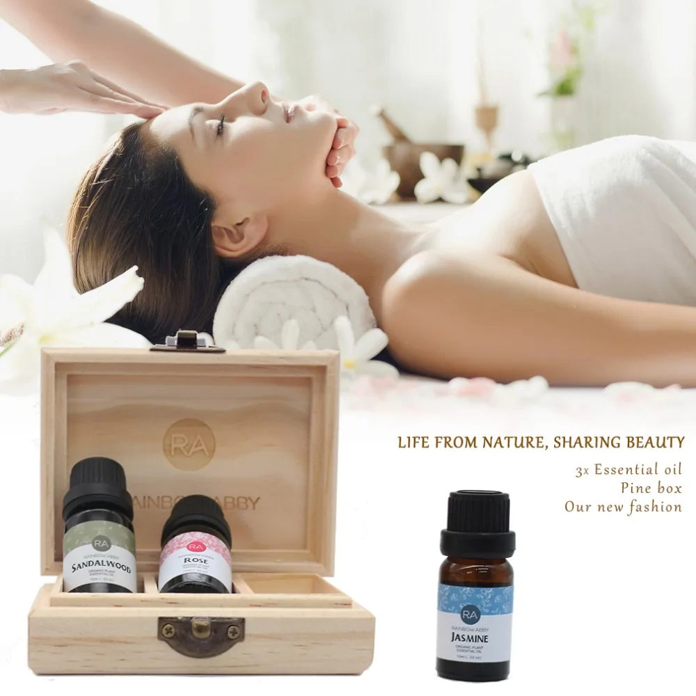 

100% Peppermint Pure Essential Oil 10ml 3 Grids Wooden Essential Oil Natural Pine Wood Aromatherapy Boxes 10ml For Home Decor