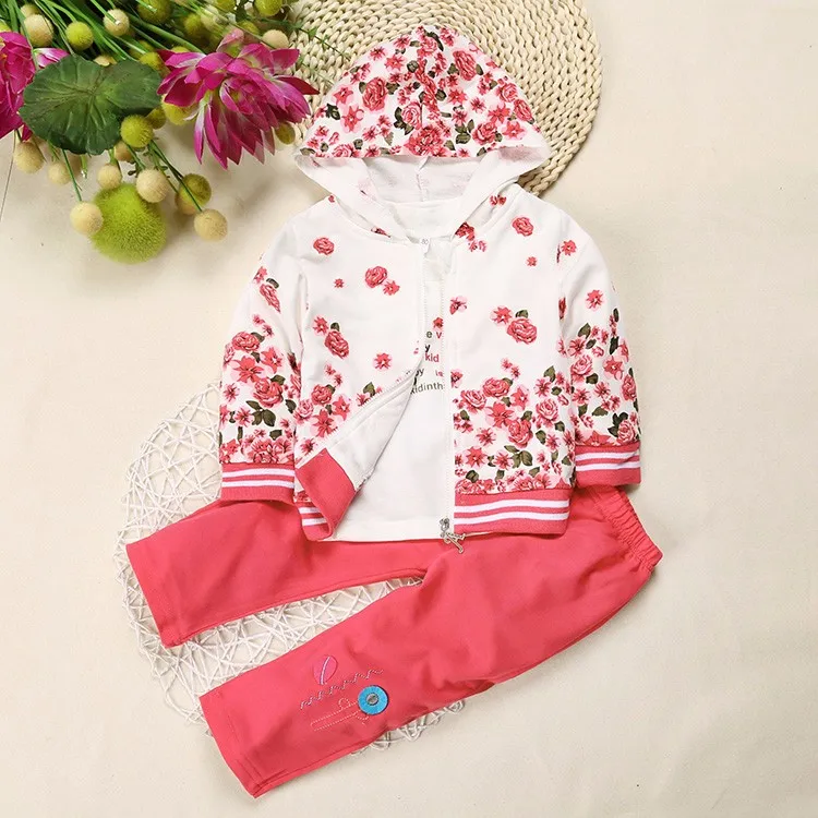 Комплект одежды для маленьких девочек, розовая Повседневная куртка с капюшоном+ осенний костюм футболка с длинными рукавами и цветочным принтом+ штаны, одежда для малышей хлопковая XY-016