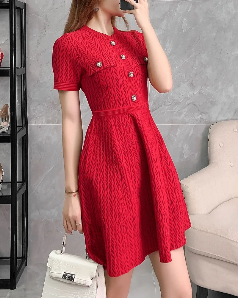 Высокое качество, вязаное платье, Осень-зима, длинный свитер, платье для женщин, расшитое бисером, пуговицы, короткий рукав, облегающее, облегающее, красное платье-джемпер
