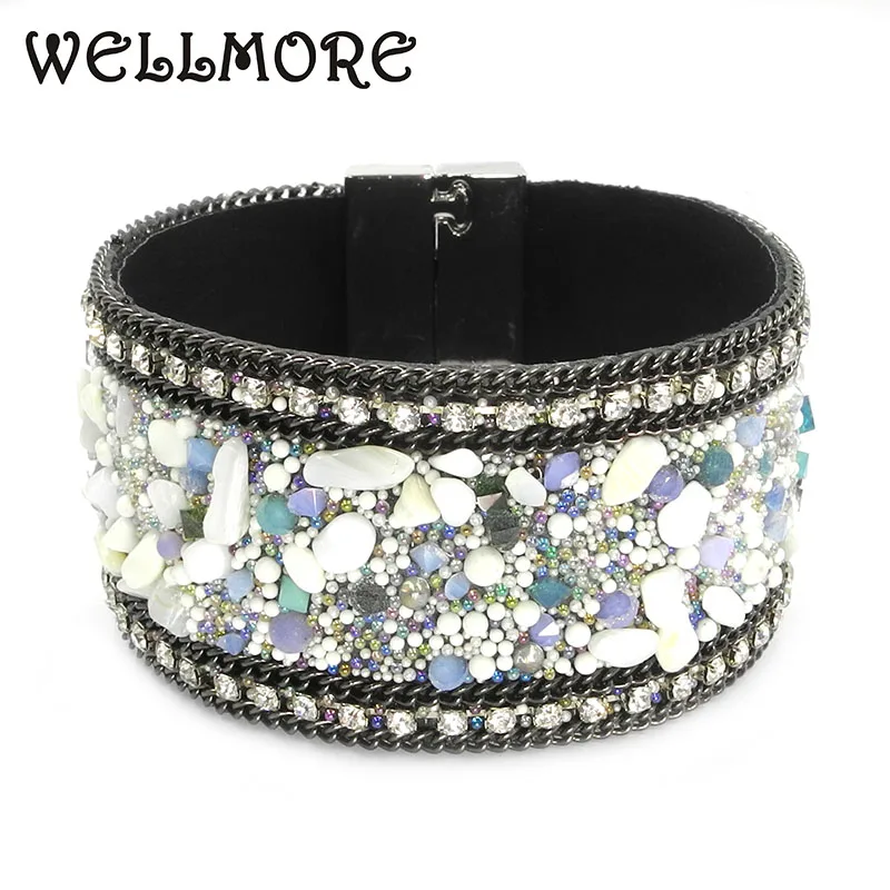 WELLMORE white leather bracelets Crystal Stones women charm &amp bangles good gift for B1606-1 | Украшения и аксессуары
