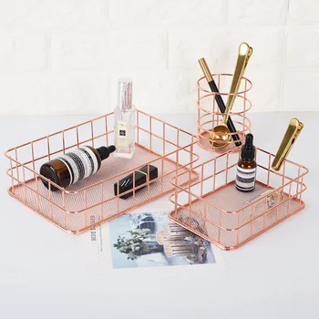 

Nordic Wrought iron Storage Basket Tableware Sundries Organizer Desktop Cosmetics Finishing Storage Basket Home Decor Organizer