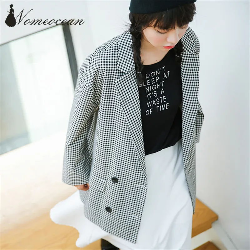 Vintage Design Plaid Blazers Noctched Collar Double