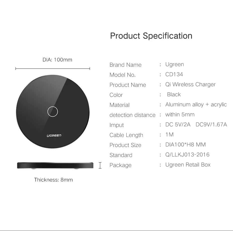 Ugreen 5 в 2A Быстрая Зарядка Qi Беспроводное зарядное устройство для Samsung S8 Plus Note 8 S7 S6 Edge QC зарядная подставка для iPhone X 8 Plus Nexus 6