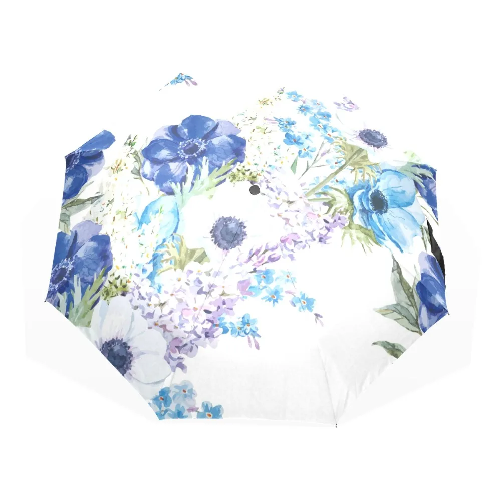 New Blue Flowers Oil Painting Arts Umbrella Creative Three Folding Sun