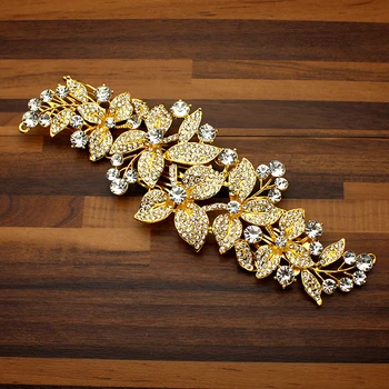 

Fashion Alloy Gold Luxury Crystal Women Wedding Head Dress Floral Leaf Diamante Bridal Hair Comb Clip For Bride Jewelry Party