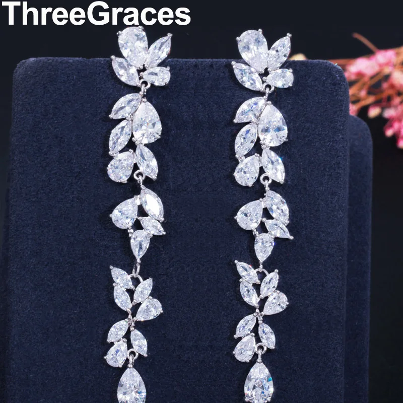 

ThreeGraces Clean Marquise Cut CZ Zirconia Stone Gorgeous White Gold Long Hanging Wedding Earrings Jewelry for Brides ER333