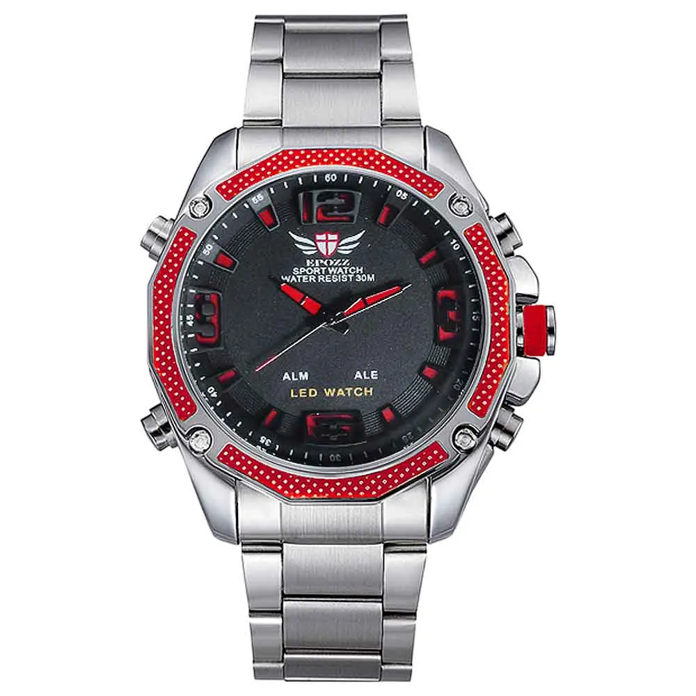 EPOZZ серебро Нержавеющая сталь мужские часы светодиодный дисплей цифровой Кварцевые Спортивные Relogio Masculino красный цвет сплав 3 АТМ водонепроницаемый - Цвет: red