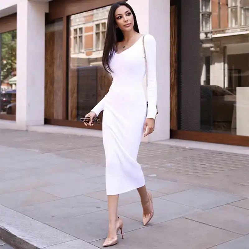 white long sleeve knit dress