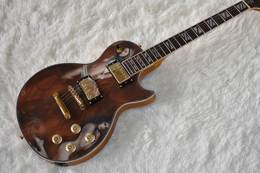 

Factory Custom Brown Electric Guitar with Special Pattern,Gold Hardware,Binding Body and Neck,High Quality,Can be Customized