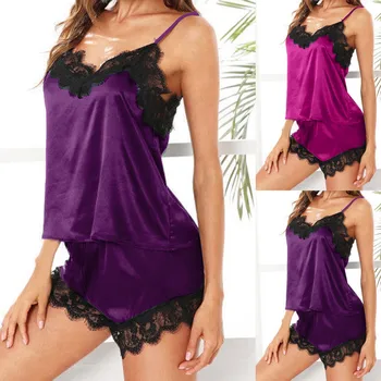 

Women Sleepwear Sleeveless Strap Nightwear Lace Trim Satin Cami Top Pajama Sets