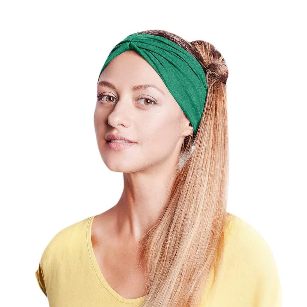 Повязки На Голову женские белые хлопок тюрбан с узлом на голову повязка на голову широкая эластичная повязка на голову спортивные аксессуары для волос для йоги-30 - Цвет: Green
