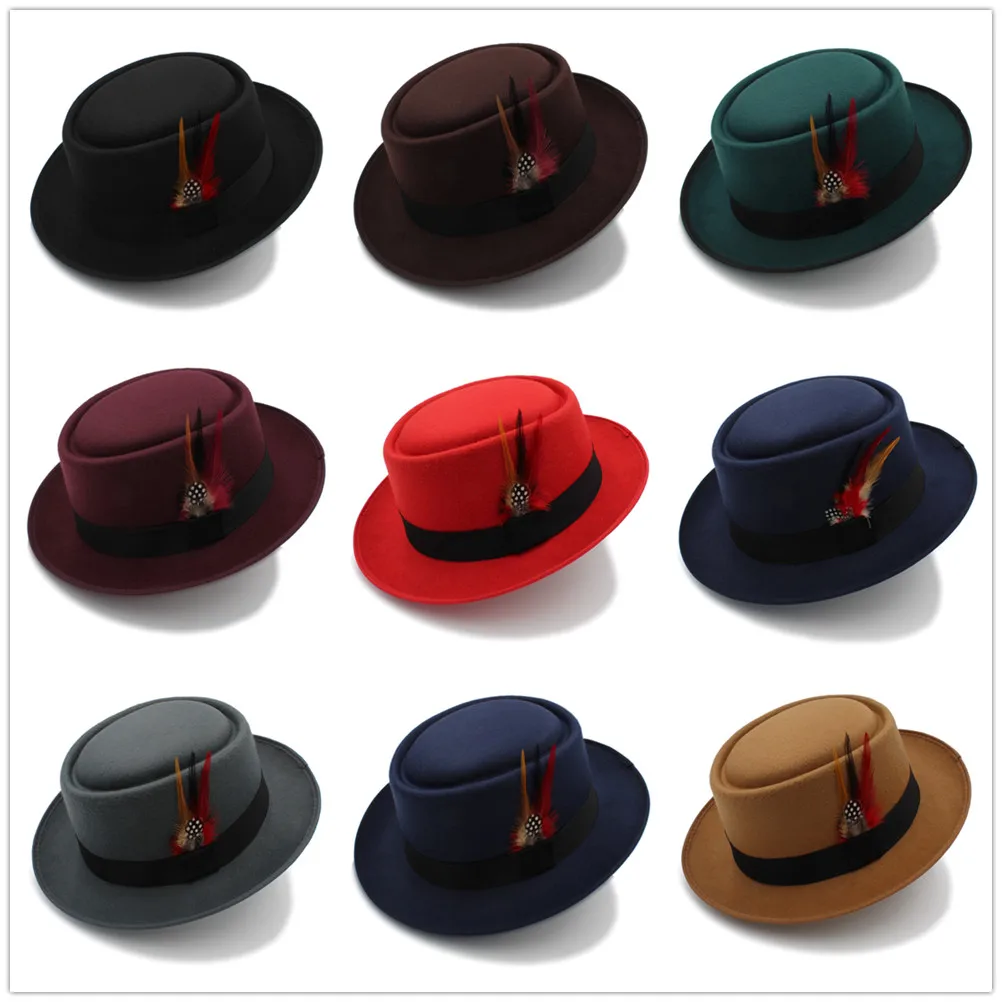 Модная женская шляпа из свиного пирога, Женская шерстяная плоская шляпа-федора, шляпа для геймеров, Панама, шляпа Трилби с модным пером, размер 58 см