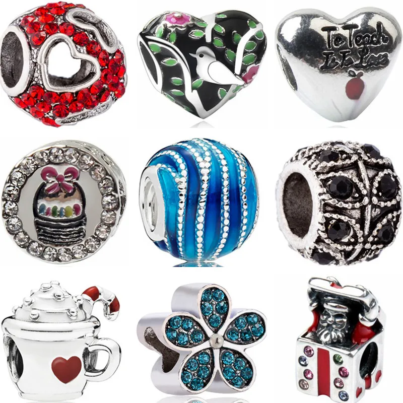 

European Enamel Hollow Cake Santa Claus Gift Flower Love Heart Crystal Beads Fit Pandora Bracelets for Women DIY Charms Jewelry