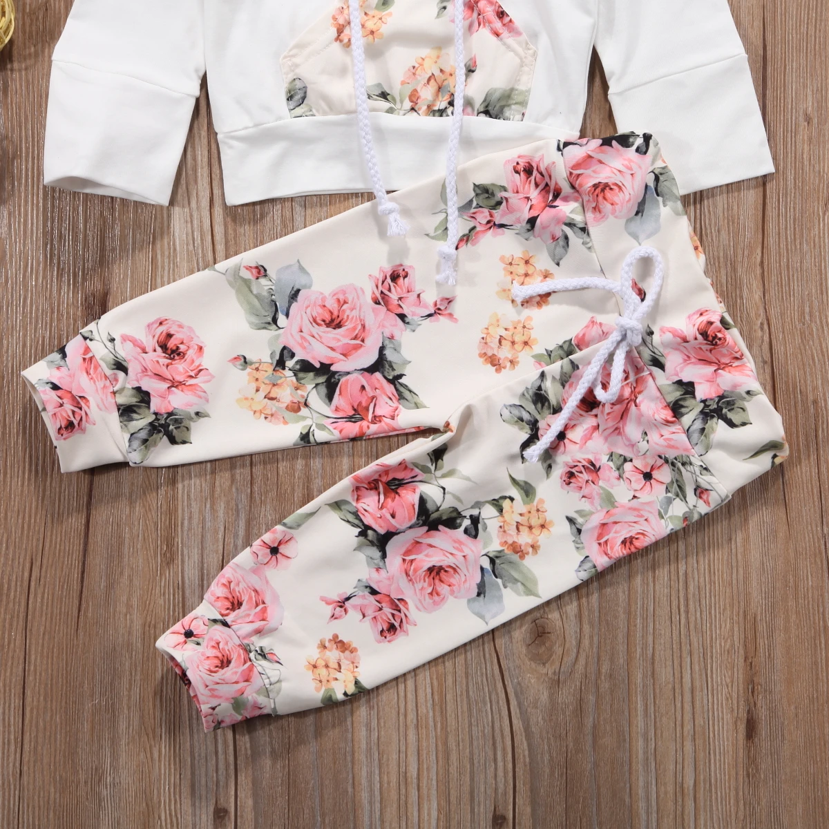 Повседневные толстовки с карманами для маленьких девочек Топы+ штаны с цветочным принтом весенний комплект из 2 предметов для детей 0-24 месяцев