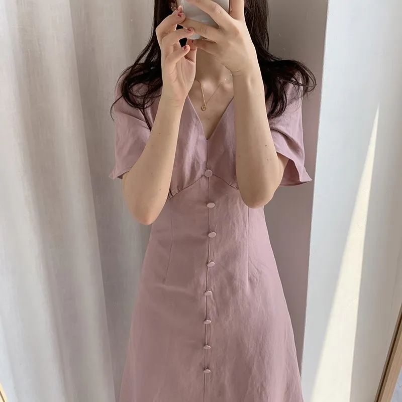 

Summer Women Casual Solid V-Neck Beach Dress Korean Single Breasted Loose Dress High Waist Flare Sleeve Midi Dress