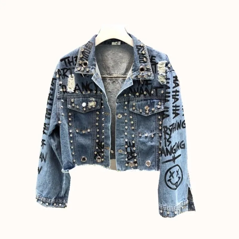 awesome Diamonds rivet Graffiti print cropped denim jacket 2019 Punk short jackets holes jeans jacket women