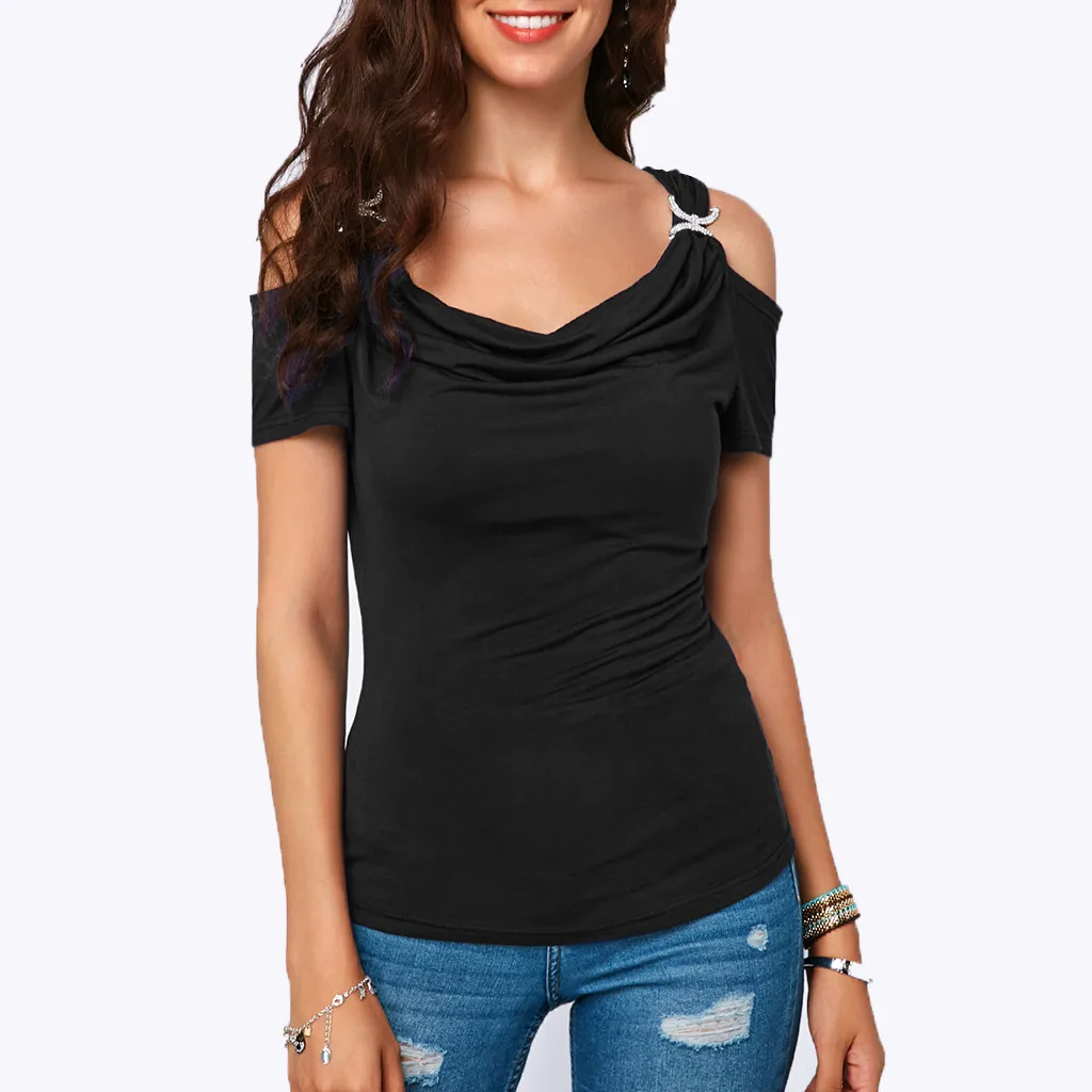 

SAGACE Women Casual T-shirts Cold Shoulder Draped Collar Short Sleeve Top T-Shirt Tops Short Sleeve Tshirt Women clothes Tee new
