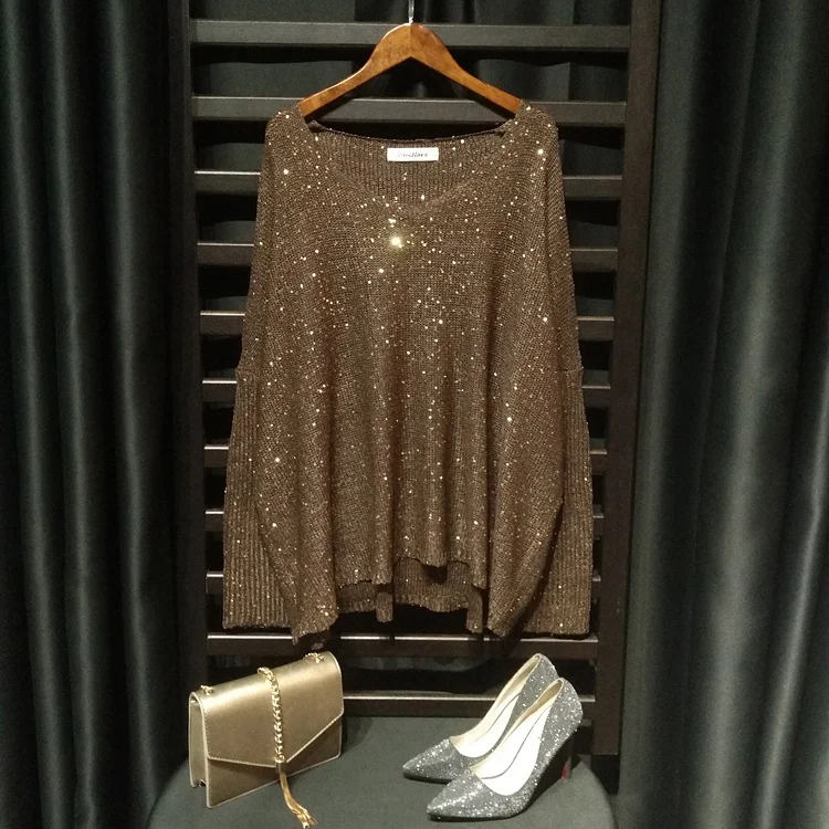 Gold Lurex Knit Tops Women Long Batwing Sleeve Big O-neck Sequined Sweaters Silver Thread Shiny Loose Ladies Jumpers | Женская одежда