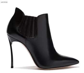 

2019 fashion women black leather boots pointed toe booties women party shoes slip on ankle boots dress shoes high heel botas