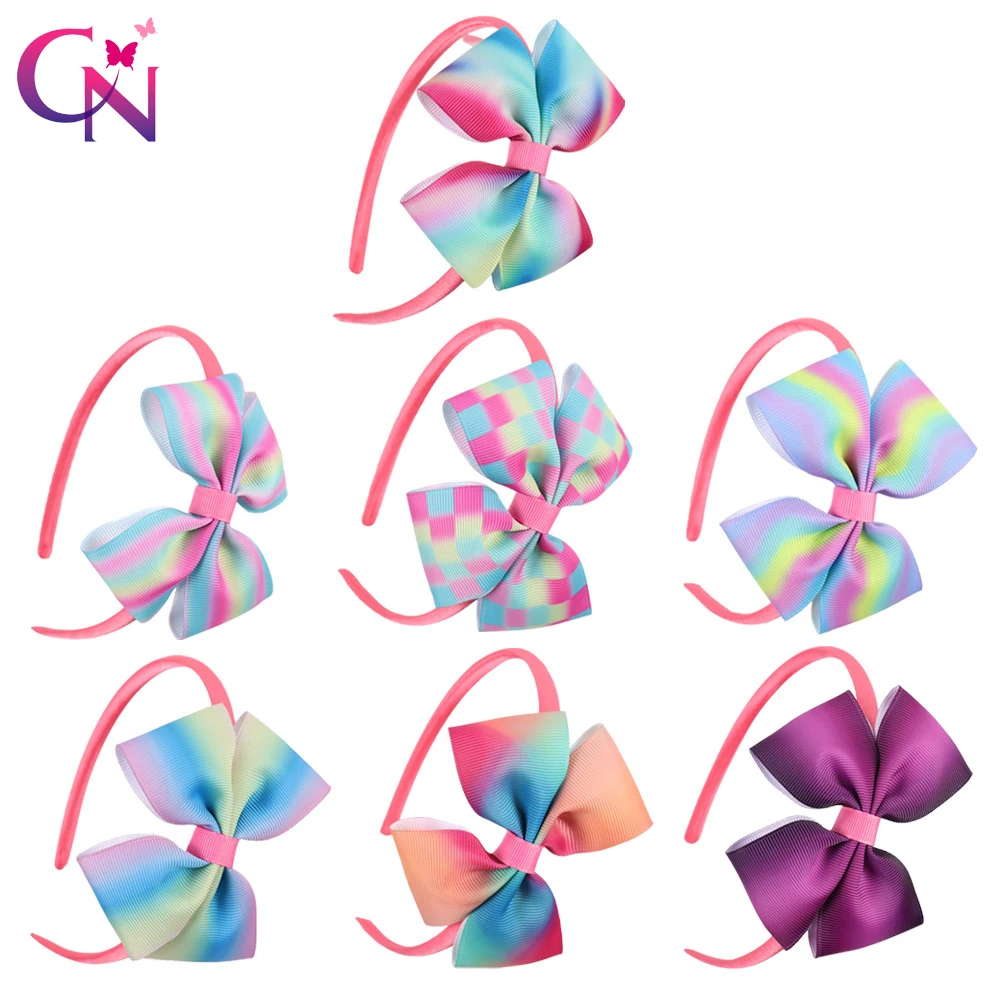

7 Pieces/lot Rainbow Bow Hairbands For Kids Girls Handmade Hard Satin Headbands With Printed Ribbon Hair Bows Hair Accessories