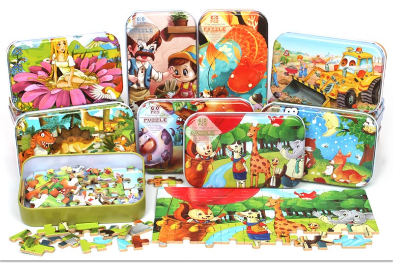 Premium Size 22.5* 13cm Wooden Large 60 Piece Iron Box Cartoon Animal Baby Puzzle Child Wooden Educational Toy Girl Boy