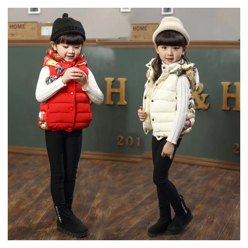 

Simple sweet lovely bow decorated girl vest for autumn winter Korean version of thick printed vest 3~8 years old boy jacket