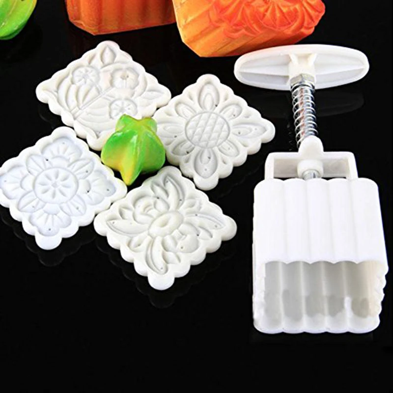 

New Mooncake Moon Cake Square Mold Mould Flowers Plants 4 Stamps 2016 Hot Sale