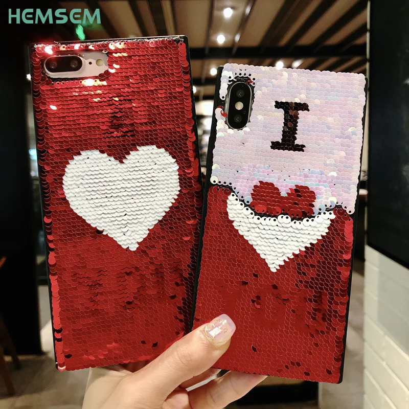 For iPhone SX MAX X XR 6 7 8 Plus Luxury Unique Square Reversible Magic Change Sequin Case 7plus 8plus Funny Glitter Cover Coque |