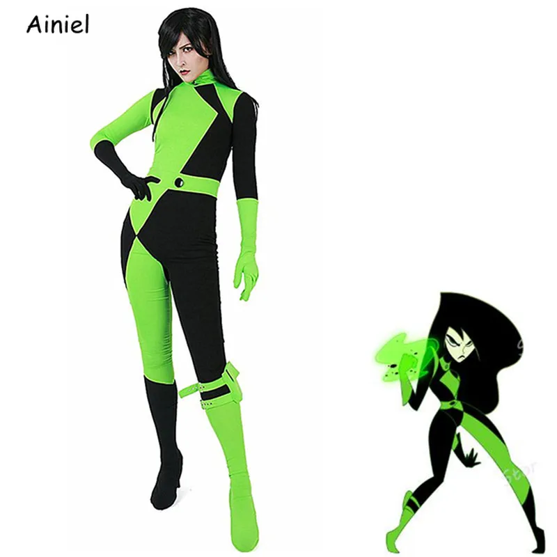 

Anime Kim Possible Shego Costume Zentai BodySuit Jumpsuits Super Villain Shego Halloween Cosplay Costumes for Kids Adult Women