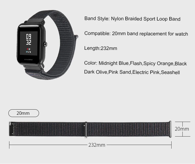 Для Amazfit bip GTR 42 мм ремешок Ticwatch E samsung gear S2 Huami умные часы SIKAI 20 мм нейлоновый спортивный ремешок на липучке дышащий