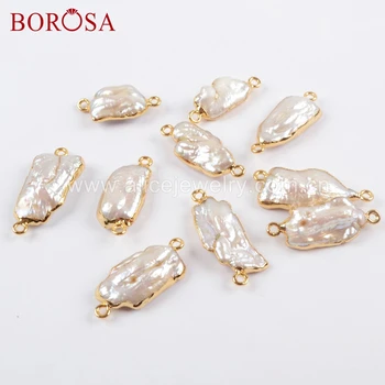 

BOROSA 10PCS Wholesale Gold Color Freeform Natural White Pearl Connectors Natural Freshwater Pearl Double Charms Jewelry G1674