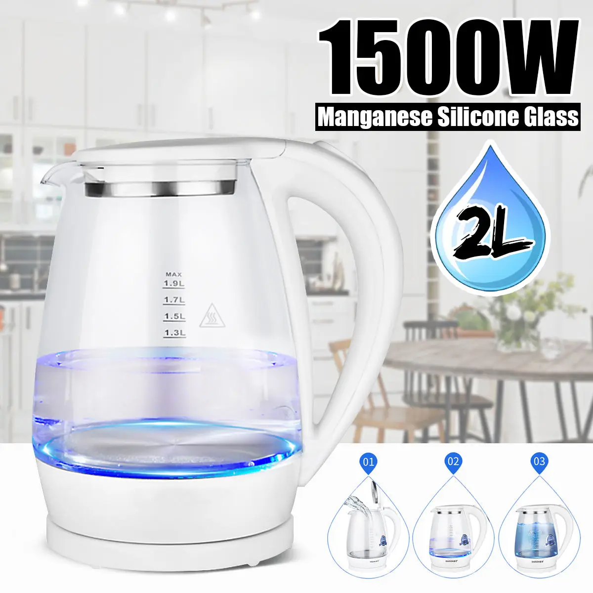 2L 1500W Portable Electric Blue LED Illumination Hot Water Tea...