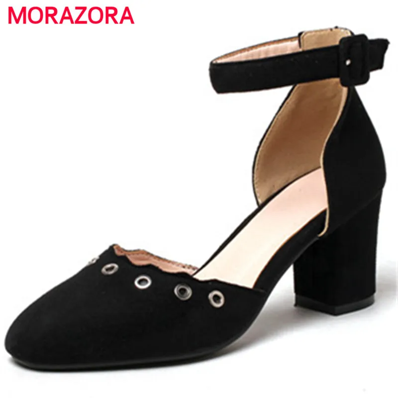 

MORAZORA Shallow square toe party shoes summer flock buckle high heels shoes fashion elegant women pumps large size 34-43
