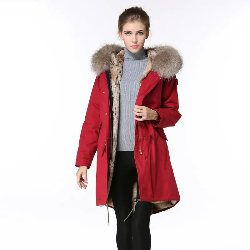 Long Red Parka Fashion Winter Wear,Natural Raccoon Fur Hoodies With ...