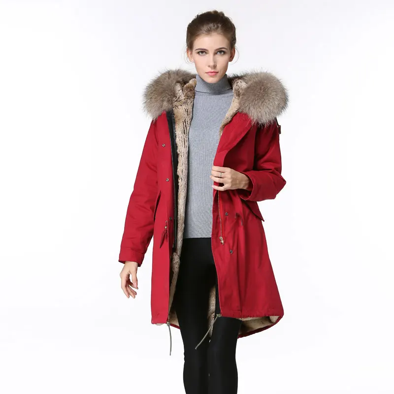 Long Red Parka Fashion Winter Wear,Natural Raccoon Fur