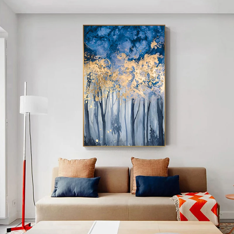 Золотое дерево зеленое растение живопись в скандинавском стиле плакат и печать синий туман стены искусства холст картина для гостиной абстрактный Декор
