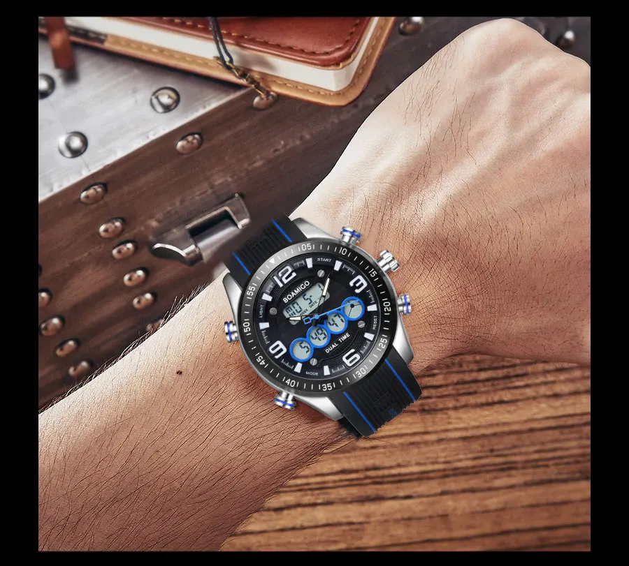 Fashion Quartz Mens Sports Watches Multiple Time Zone LED Digital Wristwatches Rubber Water Resistant Alloy Case Zegarek Meski (19)